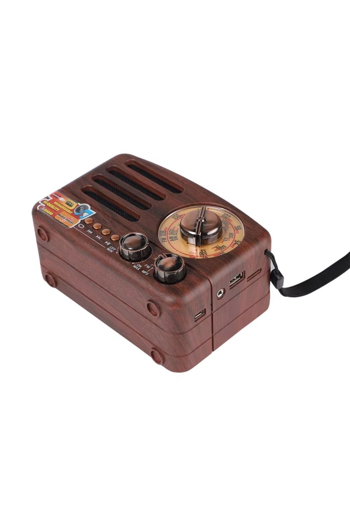 ANKAVERSE® Küçük Boy Retro, Nostaljik, Ahşap Tasarım Bluetooth Hoparlörlü, Şarjlı, Taşınabilir Büyük Döndürülebilen Düğmeli FM/AM Destekli Radyo NS338