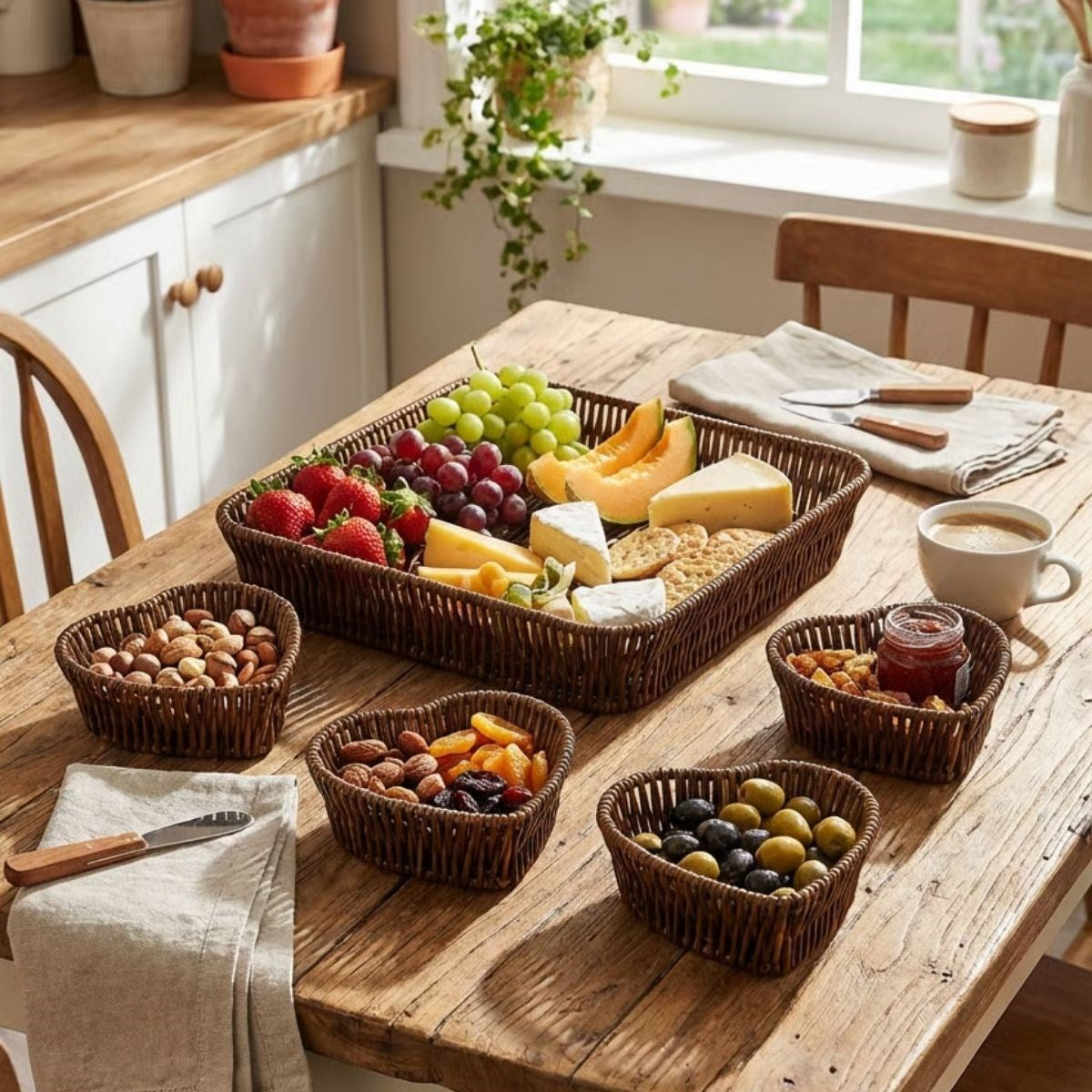 ANKAVERSE® 5 Parça,4 Kalp Formlu Plastik Rattan Sunum ve Kahvaltı Seti-Bölmeli Çerezlik ve Meyvelik-Doğal Hasır Görünümlü Tepsi ve Sunum Tabakları