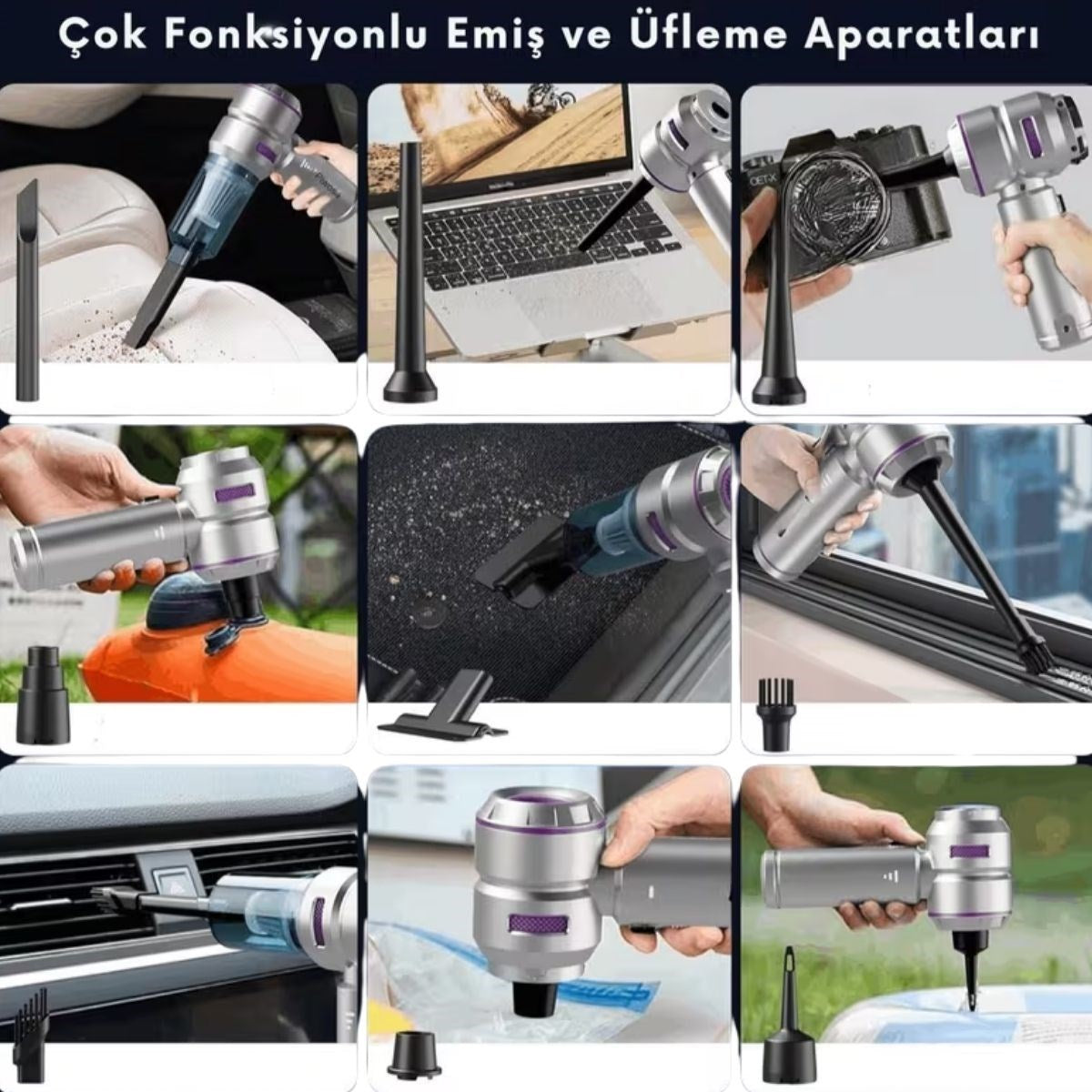 ANKAVERSE® 9 Farklı Uçlu Kablosuz Şarjlı Araç İçi Süpürge – Wireless Destekli, Güçlü Emiş, Taşınabilir Pratik Araç Temizleyici