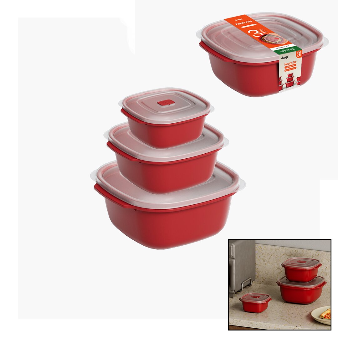 3 PCS KIRMIZI KARE SAKLAMA KABI SET 550-1100-2200ML (5286)