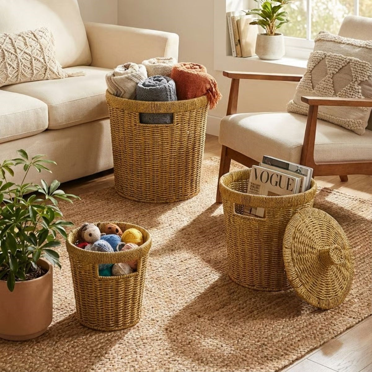 ANKAVERSE® 3’lü İç İçe Geçebilen Büyük Plastik Rattan Hasır Sepet Seti-Dayanıklı Çok Amaçlı Ev,Banyo ve Mutfak Düzenleyici