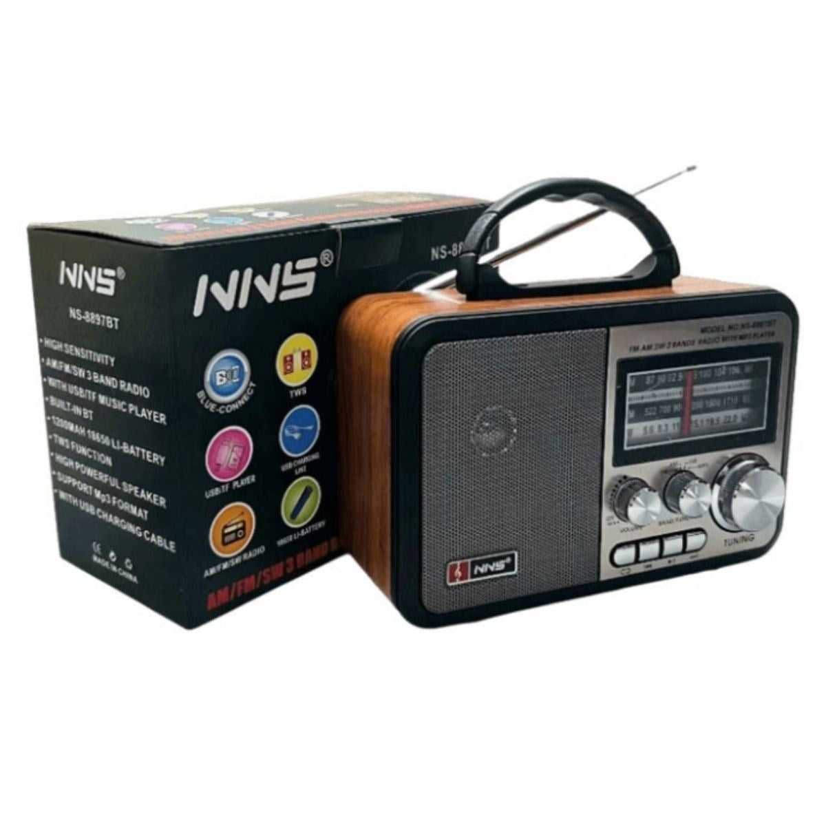 ANKAVERSE® Orta Boy Retro, Nostaljik, Ahşap Tasarım Bluetooth Hoparlörlü, Şarjlı, Taşınabilir FM/AM Destekli Radyo NS-8897