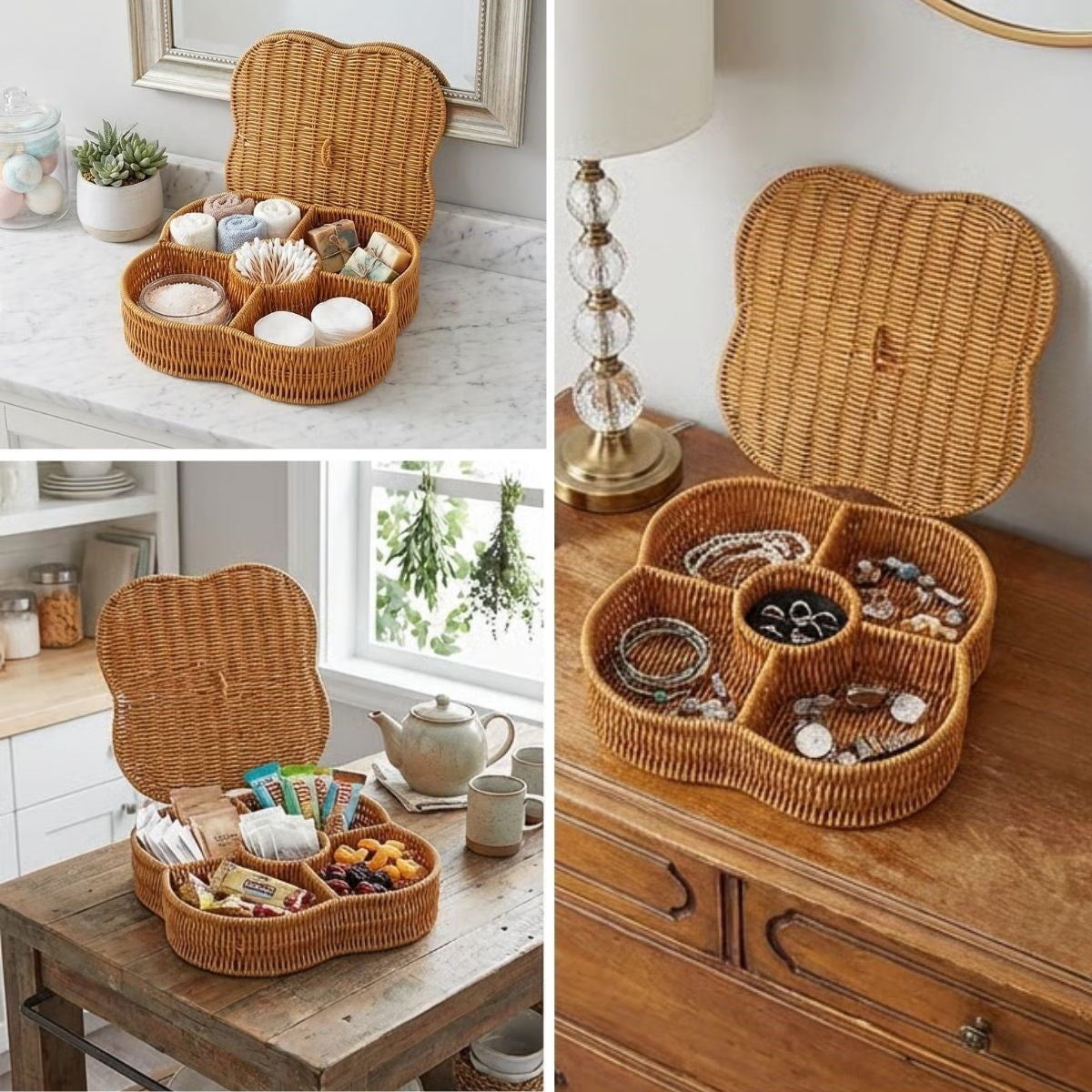 ANKAVERSE® Kapaklı 5 Bölmeli Plastik Rattan Organizer Kutu – Hasır Desenli Çok Amaçlı Saklama ve Sunum Sepeti Çerezlik