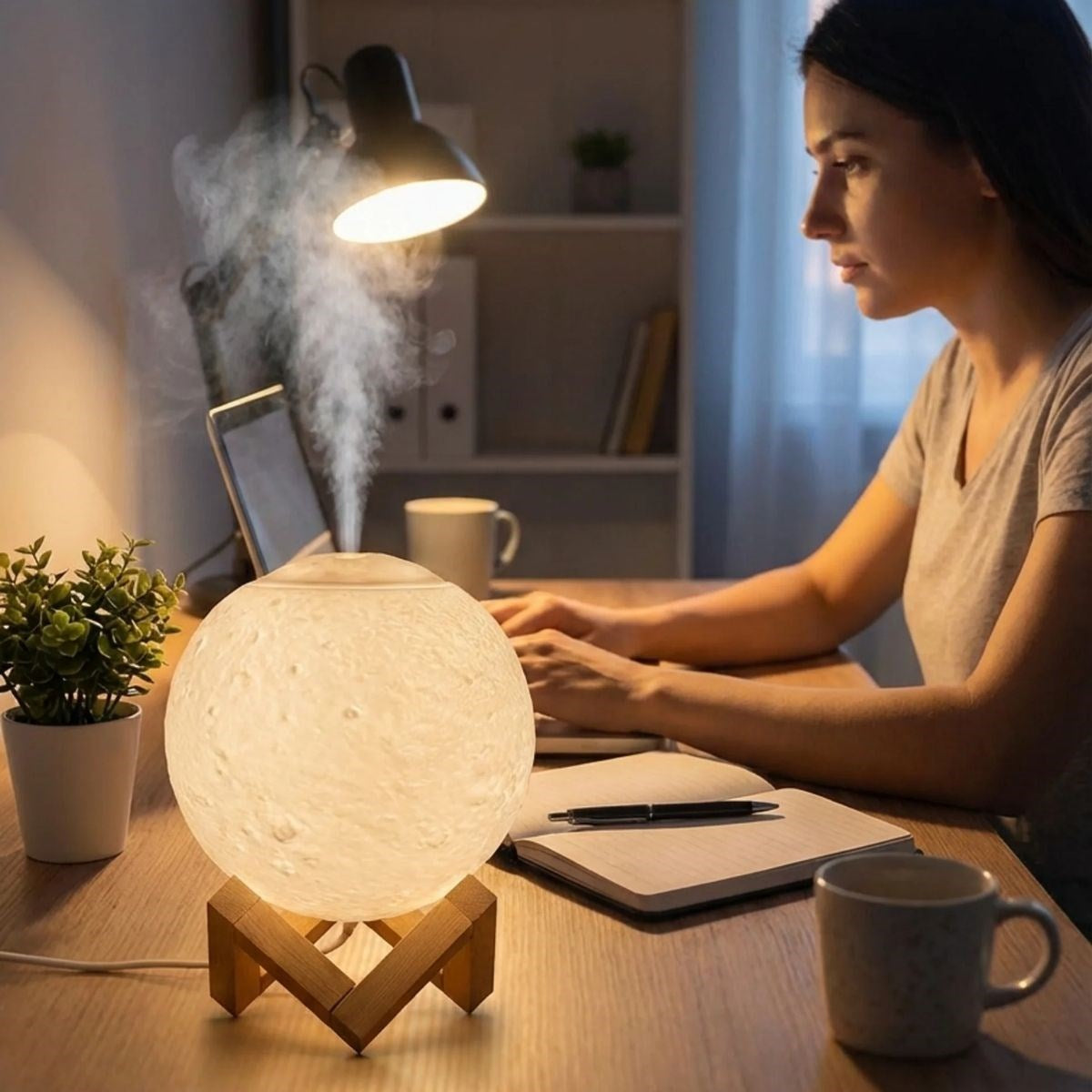3D Ay Tasarımlı Su Yenilemeli USB Hava Nemlendiricisi – Dokunmatik, 3 Renk Işık Modlu (Gün Işığı / Beyaz / Sarı Işık) Gece Lambası (5286)