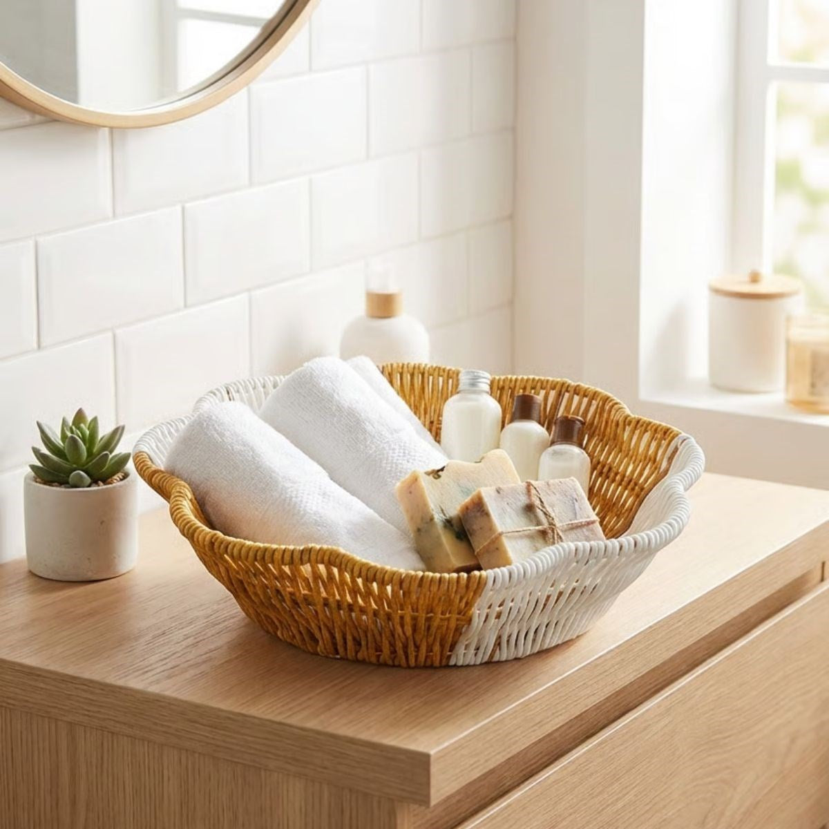 ANKAVERSE® Çiçek Model Çift Renkli Plastik Rattan Ekmek ve Meyve Sepeti - Çok Amaçlı Banyo ve Mutfak Düzenleyici - Yıkanabilir Organizer
