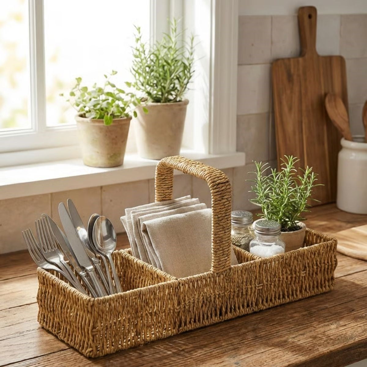 ANKAVERSE® 3 Bölmeli Plastik Rattan Düzenleyici–Saplı Masaüstü Organizer, Mutfak Kaşık Çatal Sepeti, Banyo & Ofis Çok Amaçlı Sunum Standı