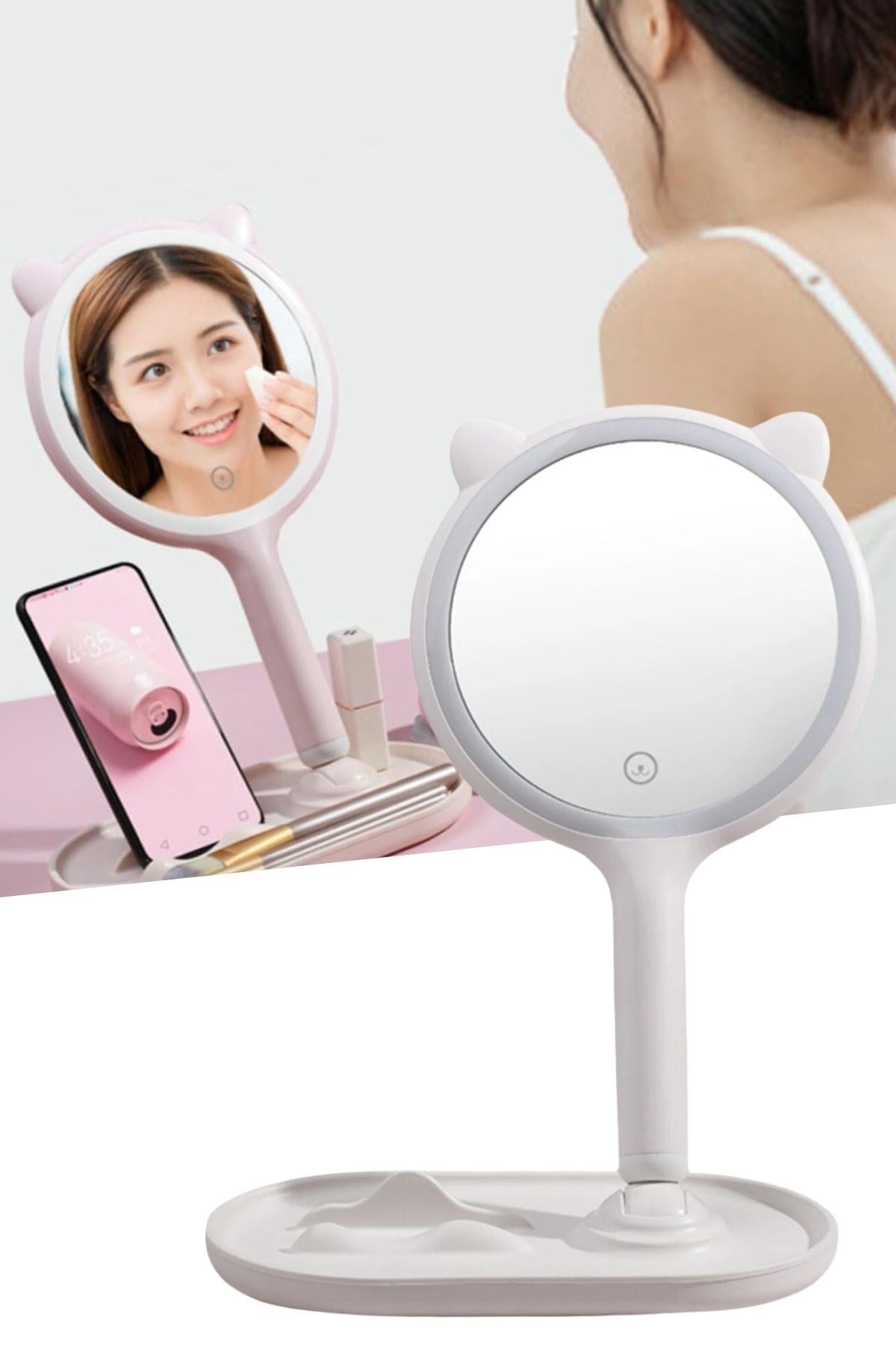 ANKAVERSE® Kedi Kulaklı LED Makyaj Aynası ve Telefon Standı