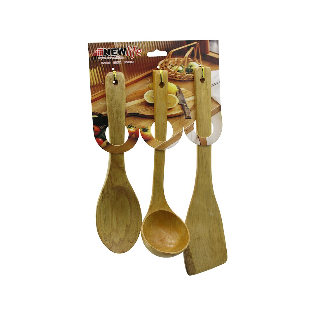 3PCS AHŞAP BAMBU MUTFAK SERVİS SETİ KAŞIK=27CM - KEPÇE=27CM - SPATULA=32CM (5286)