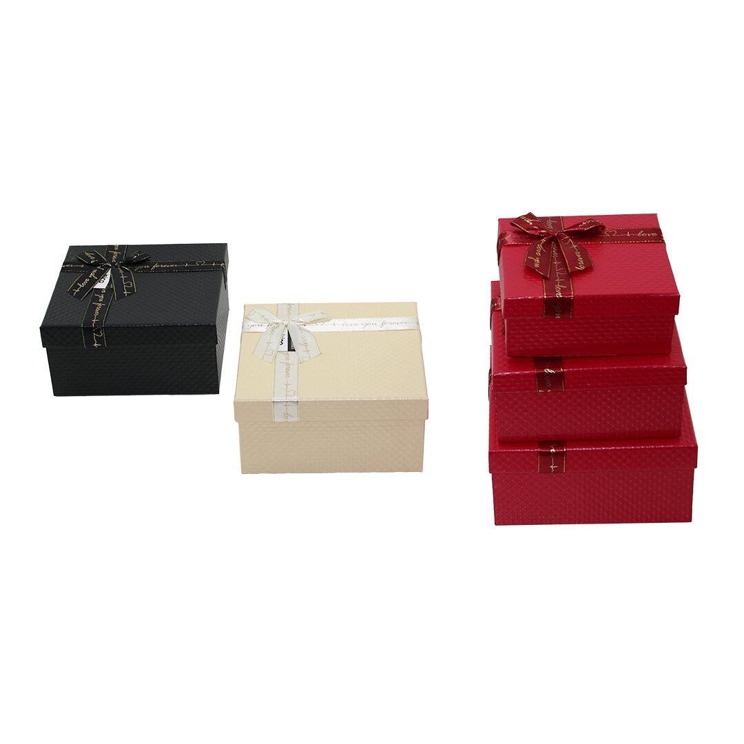 3PCS KARE MAT MİX RENKLİ - KABARTMA DESEN KARTON HEDİYE KUTUSU KURDELALI 19-17-15CM (5286)