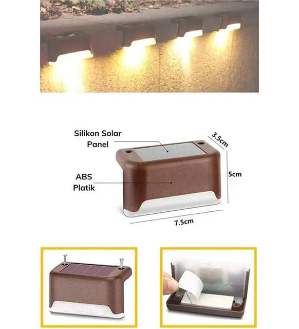 4 ADET SOLAR MERDİVEN LED - KAHVERENGİ KASA (5286)