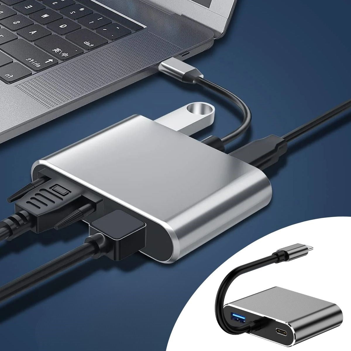 4’ü 1 Arada Type-C to Hub Dönüştürücü Adaptör – 4K Ultra HD HDMI & VGA Görüntü Aktarımı, PD Hızlı Şarj Destekli, USB Çoklayıcı (5286)