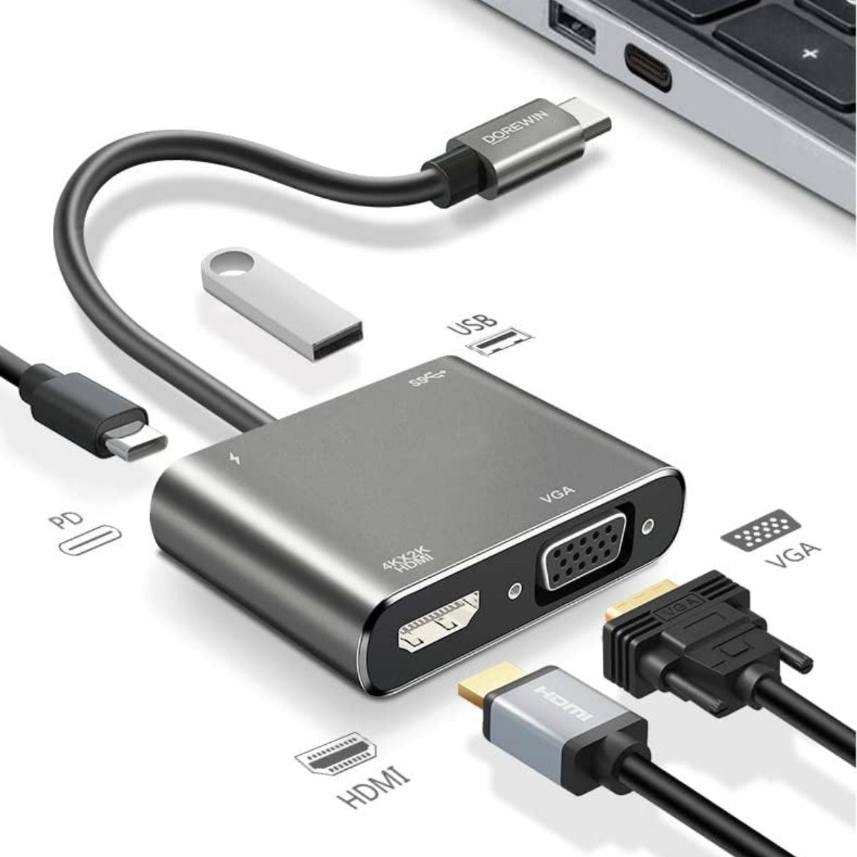 4’ü 1 Arada Type-C to Hub Dönüştürücü Adaptör – 4K Ultra HD HDMI & VGA Görüntü Aktarımı, PD Hızlı Şarj Destekli, USB Çoklayıcı (5286)