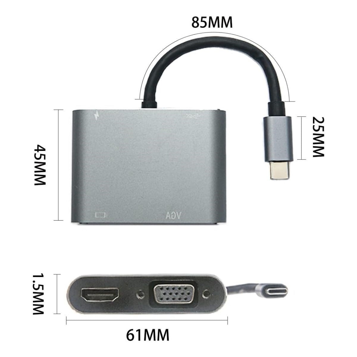4’ü 1 Arada Type-C to Hub Dönüştürücü Adaptör – 4K Ultra HD HDMI & VGA Görüntü Aktarımı, PD Hızlı Şarj Destekli, USB Çoklayıcı (5286)