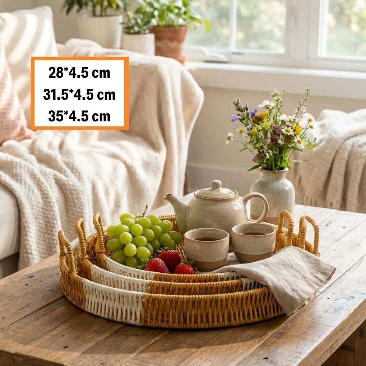 ANKAVERSE® İç İçe Geçebilen 3’lü Yuvarlak Plastik Rattan Tepsi Seti–Çift Renkli Hasır Görünümlü Çok Amaçlı Servis ve Sunum Tepsileri