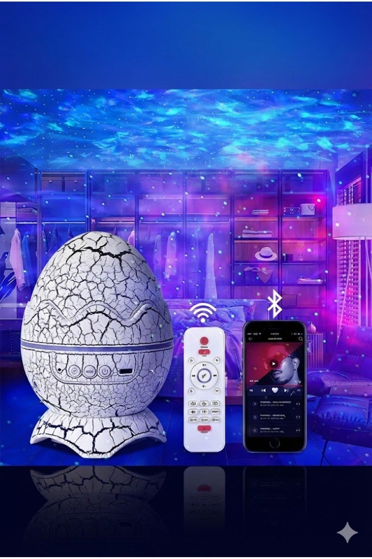 Bluetooth Hoparlörlü RGB Gece Lambası - Dinazor yumurtası Işıklı, Uzaktan Kumandalı Dekor Lamba