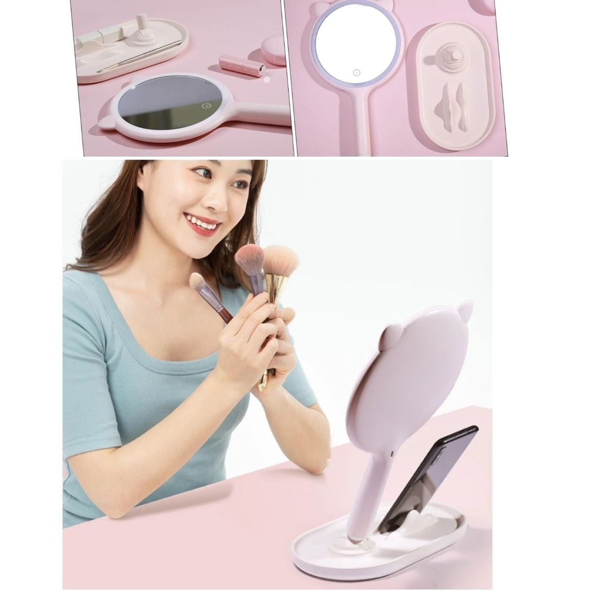 ANKAVERSE® Kedi Kulaklı LED Makyaj Aynası ve Telefon Standı