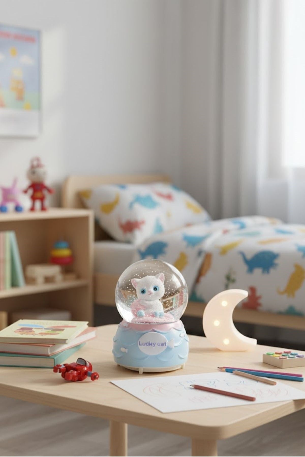 Pilli Işıklı Müzikli Kar Küresi-Şanslı Toplu Kedi Figürlü Eğlenceli Masaüstü Biblo, LED Aydınlatmalı Dekoratif Hediyelik Kar Küresi