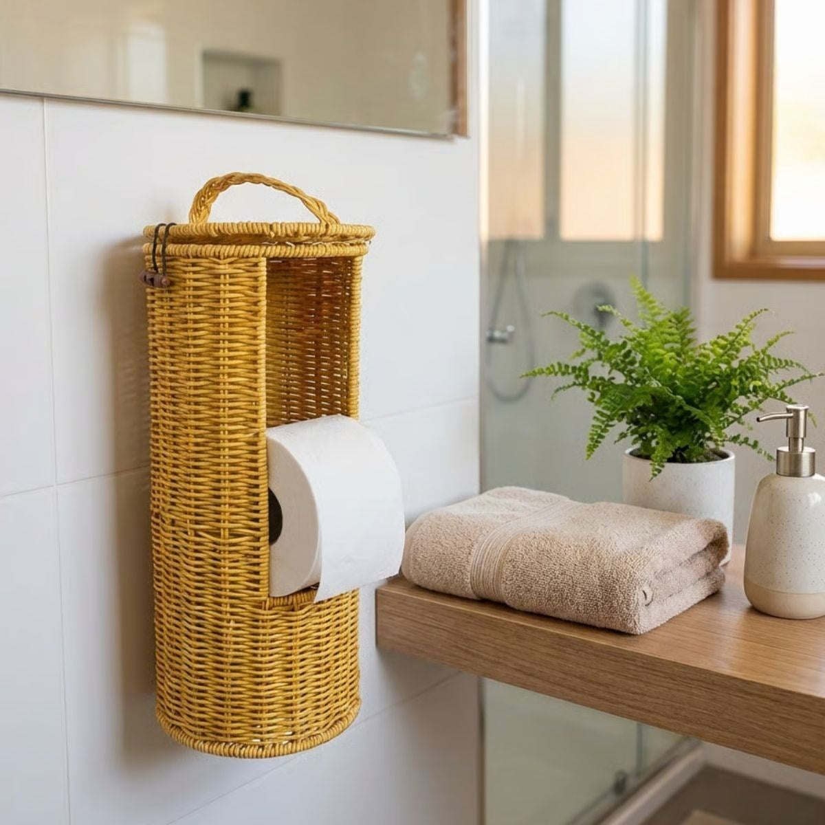 ANKAVERSE® Askılı Plastik Rattan Tuvalet Kâğıdı Standı – Hasır Görünümlü, Kapaklı, Yedekli WC Kâğıtlık, Banyo ve Tuvalet İçin Dekoratif Organizer