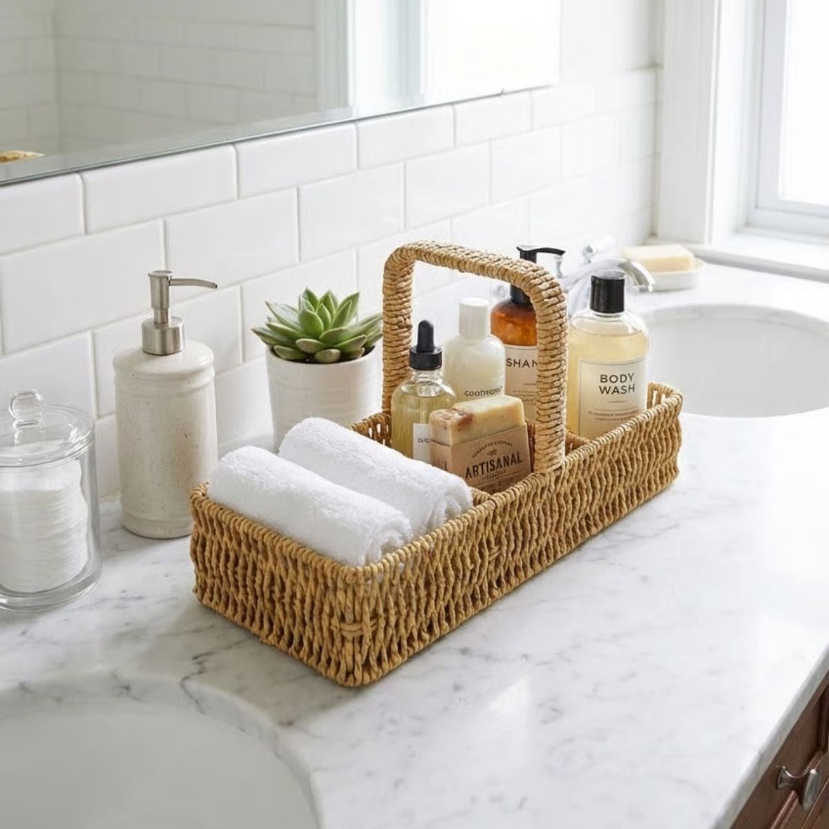 ANKAVERSE® 3 Bölmeli Plastik Rattan Düzenleyici–Saplı Masaüstü Organizer, Mutfak Kaşık Çatal Sepeti, Banyo & Ofis Çok Amaçlı Sunum Standı