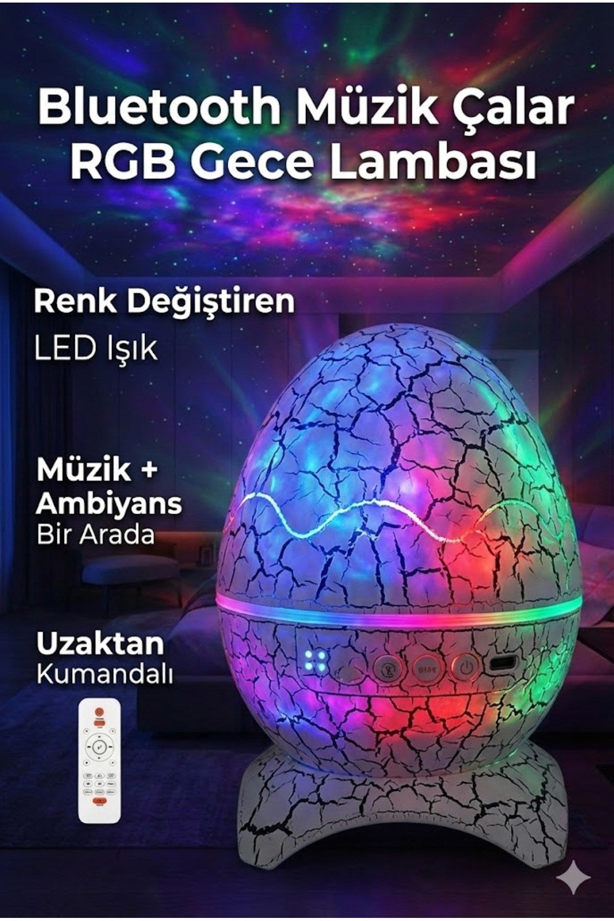 Bluetooth Hoparlörlü RGB Gece Lambası - Dinazor yumurtası Işıklı, Uzaktan Kumandalı Dekor Lamba