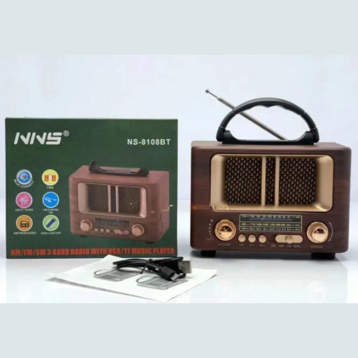 ANKAVERSE® Küçük Mini Boy Retro Ahşap Tasarım Bluetooth Hoparlörlü Radyo - FM/AM Destekli, Şarjlı ve Taşınabilir Radyo NS-8108