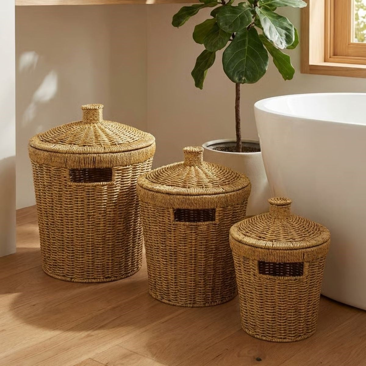 ANKAVERSE® 3’lü İç İçe Geçebilen Büyük Plastik Rattan Hasır Sepet Seti-Dayanıklı Çok Amaçlı Ev,Banyo ve Mutfak Düzenleyici