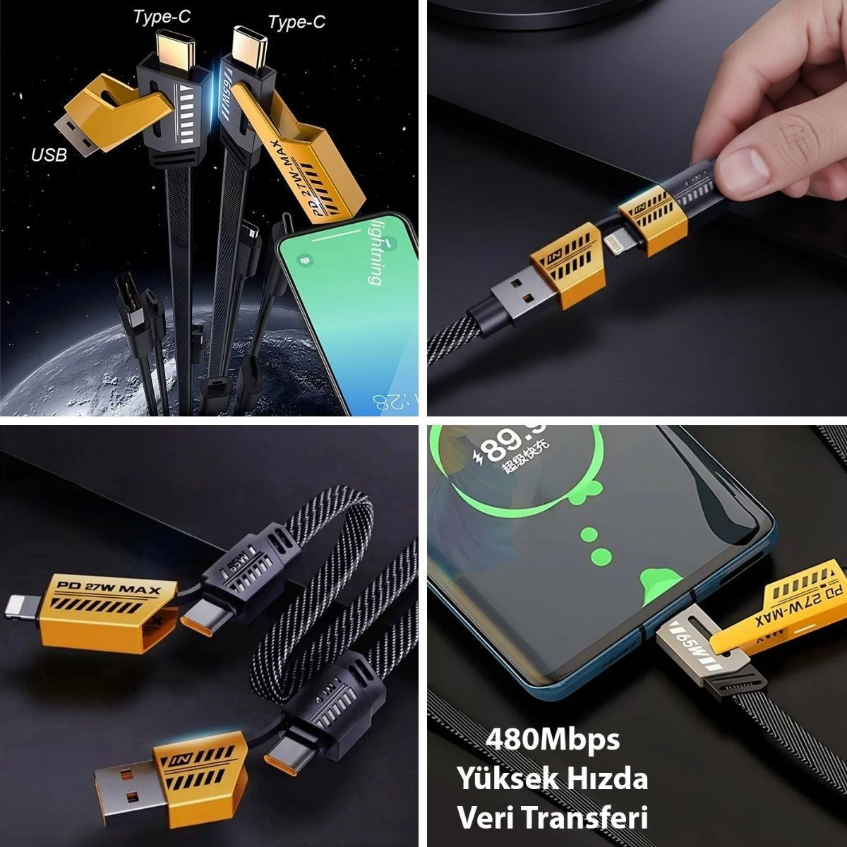 4in1 65W Hızlı Şarj Kablosu – Type-C to USB-A + Type-C to Lightning, 27W PD Destekli Çoklu Şarj Kablo (5286)