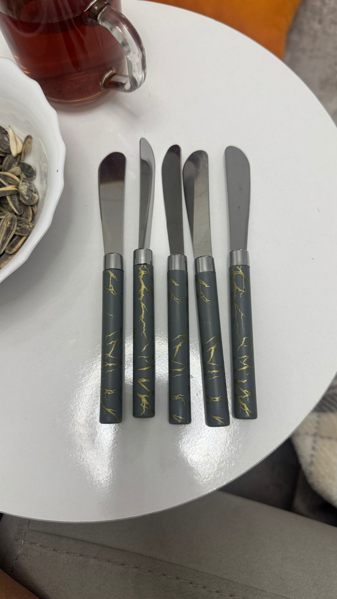 5 PARÇA  UZUN KAHVALTI BIÇAK - GRİ MERMER DESEN SAPLI 16.5 cm (5286)