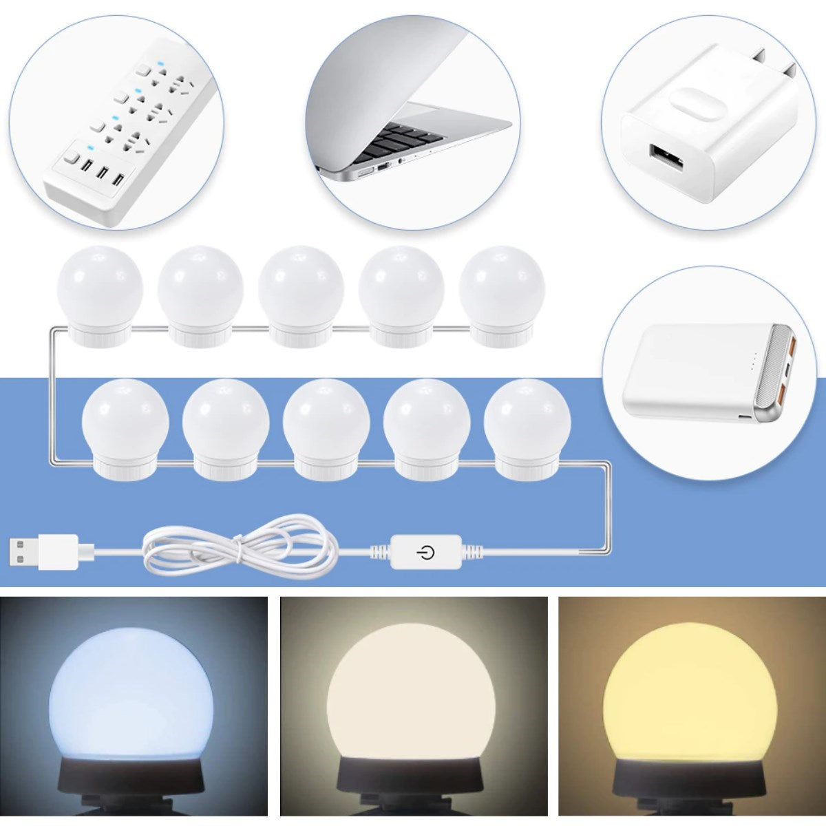 ANKAVERSE® Nostalji Hollywood Tarzı 10lu Makyaj Masası Aynası Beyaz Led Işıklı Lamba USB
