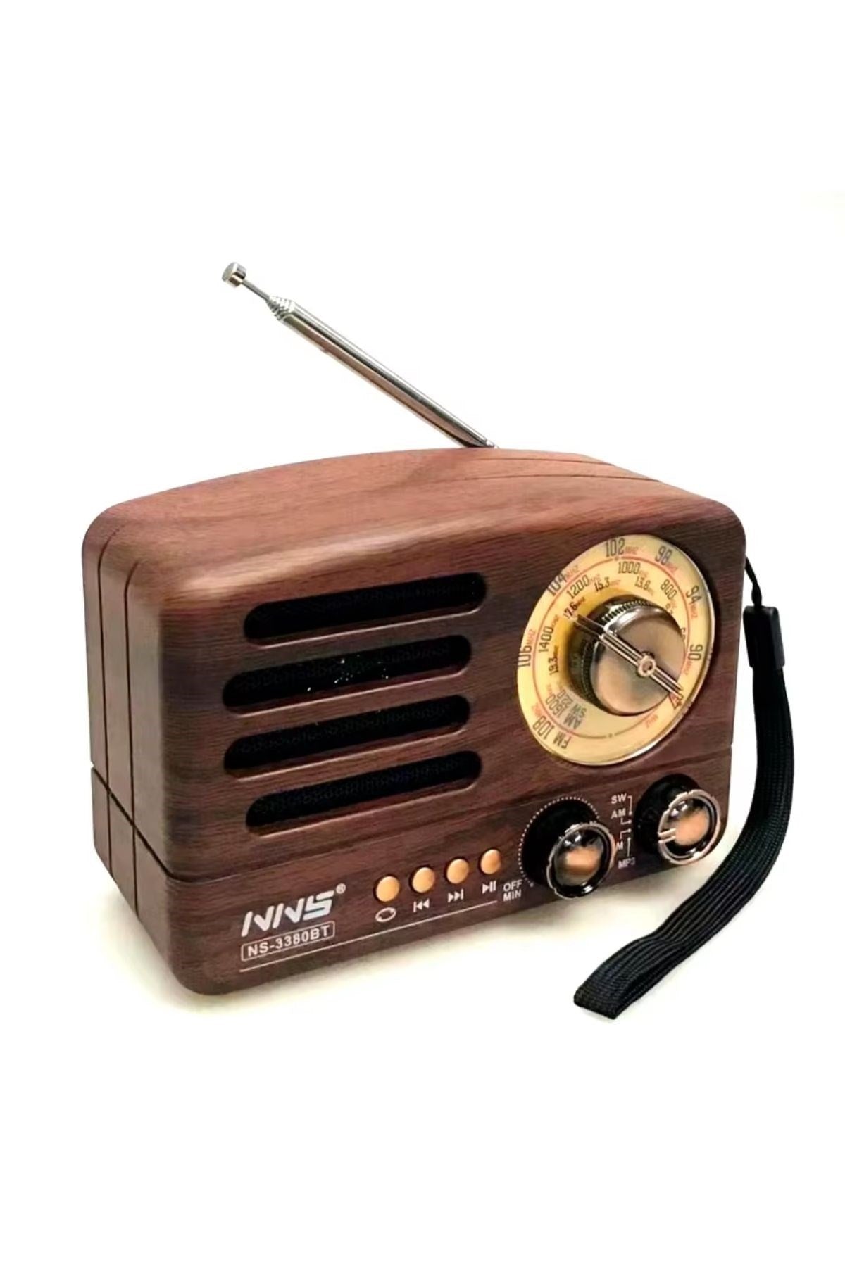 ANKAVERSE® Küçük Boy Retro, Nostaljik, Ahşap Tasarım Bluetooth Hoparlörlü, Şarjlı, Taşınabilir Büyük Döndürülebilen Düğmeli FM/AM Destekli Radyo NS338