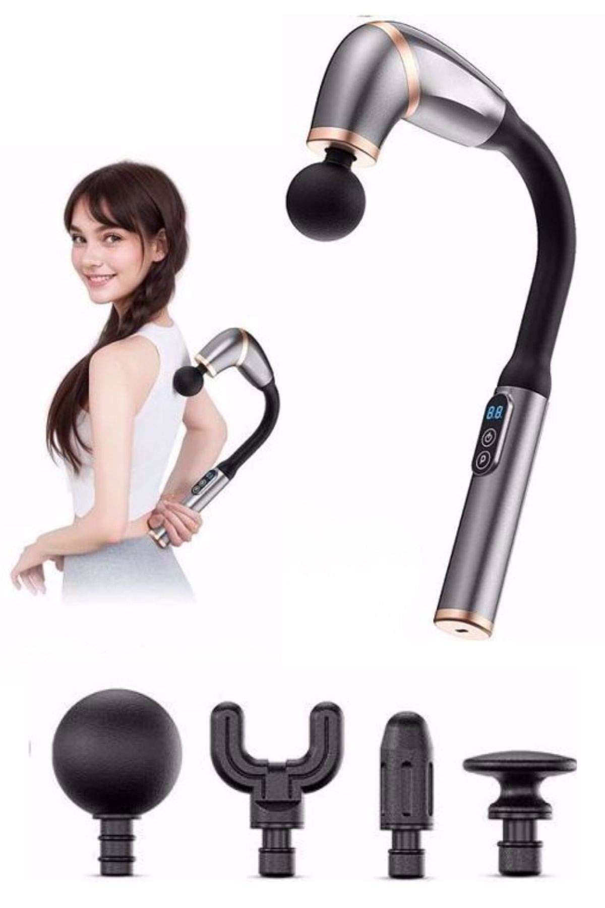 ANKAVERSE® 4 Farklı Başlıklı Uzun Saplı Derin Doku Masaj Tabancası, Boyun, Omuz ve Sırt için Ergonomik Saplı Çoklu Masaj Modlu Taşınabilir Masaj Aleti