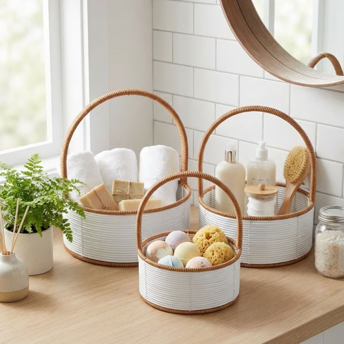 ANKAVERSE® 3 Boy İç İçe Geçebilen Plastik Rattan Sepetler-Beyaz Renkli,Kahverengi Saplı, Çok Amaçlı Düzenleyici ve Sunum Sepeti Seti