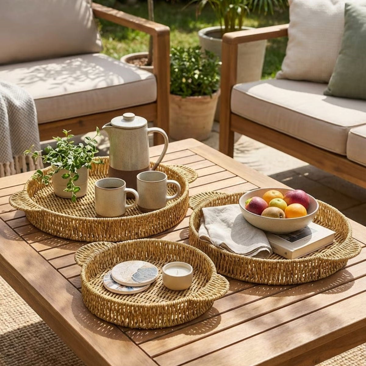ANKAVERSE® İç İçe Geçebilen 3’lü Yuvarlak Plastik Rattan Tepsi Seti–Hasır Görünümlü Çok Amaçlı Servis ve Sunum Tepsileri