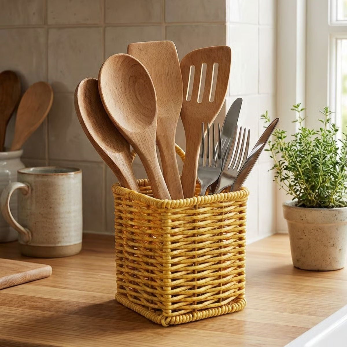 ANKAVERSE® Kare Hasır Dokulu Plastik Rattan Kaşıklık & Çatallık – Askılı Kendiliğinden Tutmalı Çok Amaçlı Mutfak Organizeri