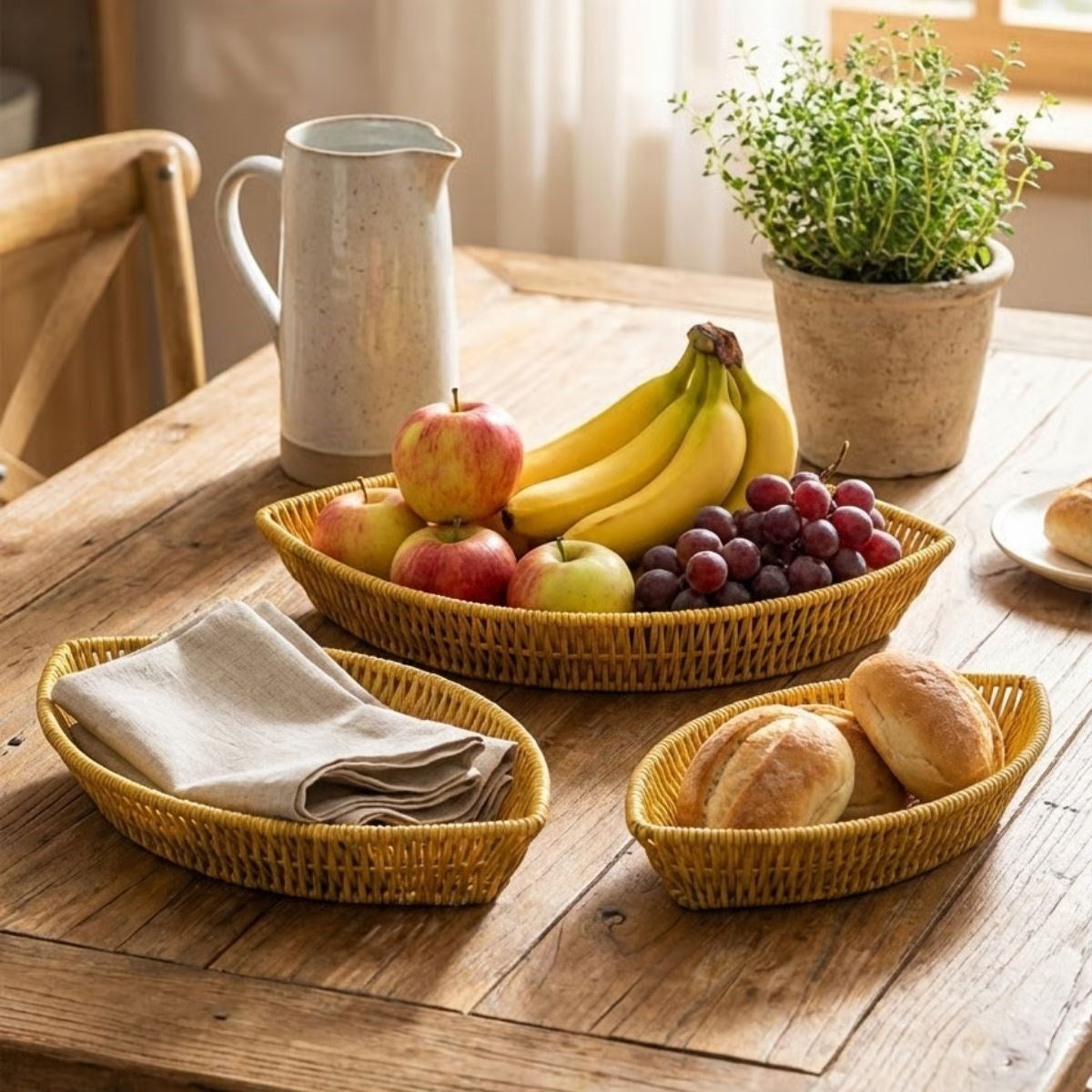 ANKAVERSE® 3 lü Kayık Formlu Plastik Rattan Sepet Seti-Hasır Görünümlü Ekmek, Meyve ve Sunum Sepetleri, Çok Amaçlı Masaüstü Organizer