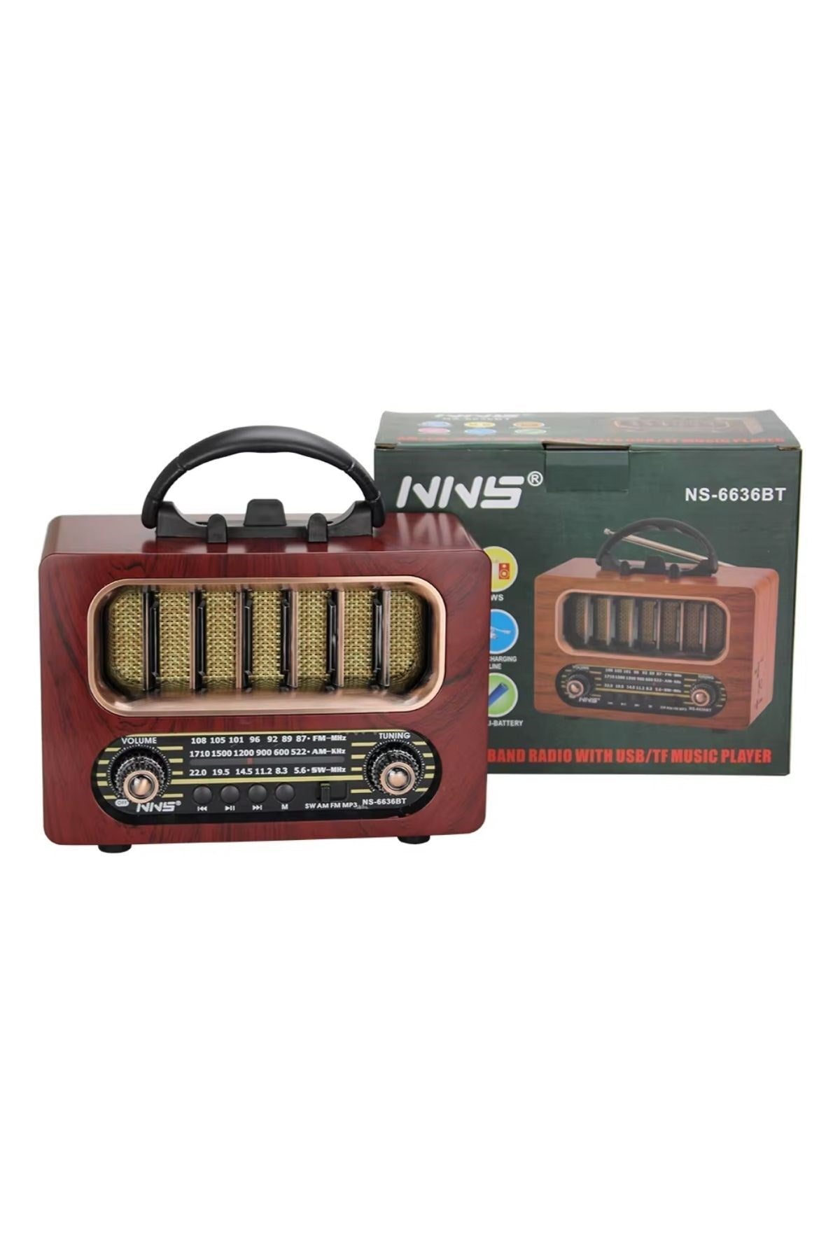 ANKAVERSE® Orta Boy Retro Ahşap Tasarım Bluetooth Hoparlörlü Radyo - FM/AM Destekli, Şarjlı ve Taşınabiliri Radyo NS-6636