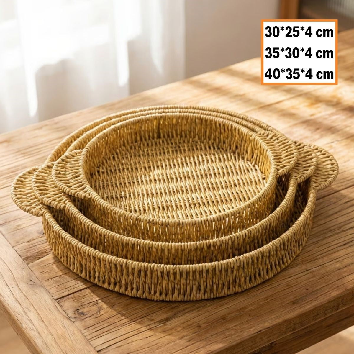 ANKAVERSE® İç İçe Geçebilen 3’lü Yuvarlak Plastik Rattan Tepsi Seti–Hasır Görünümlü Çok Amaçlı Servis ve Sunum Tepsileri