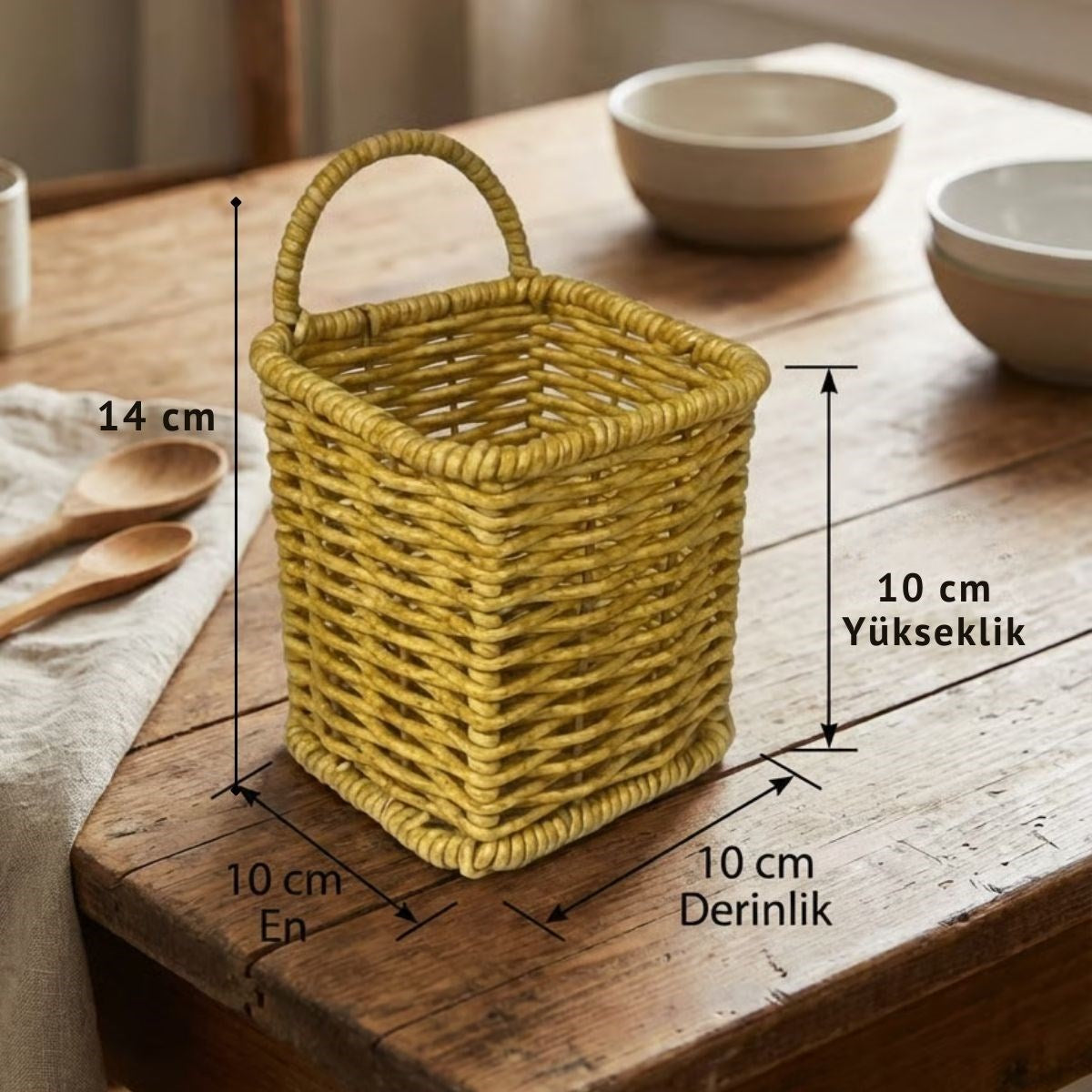 ANKAVERSE® Kare Hasır Dokulu Plastik Rattan Kaşıklık & Çatallık – Askılı Kendiliğinden Tutmalı Çok Amaçlı Mutfak Organizeri