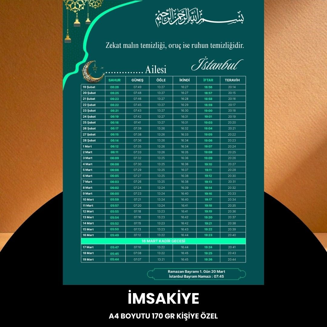 Ramazan İmsakiyesi - 170 Gr - A4 Boyut Kişiye Özel İsimli & Logolu 100 Adet Yeşil-turkuaz