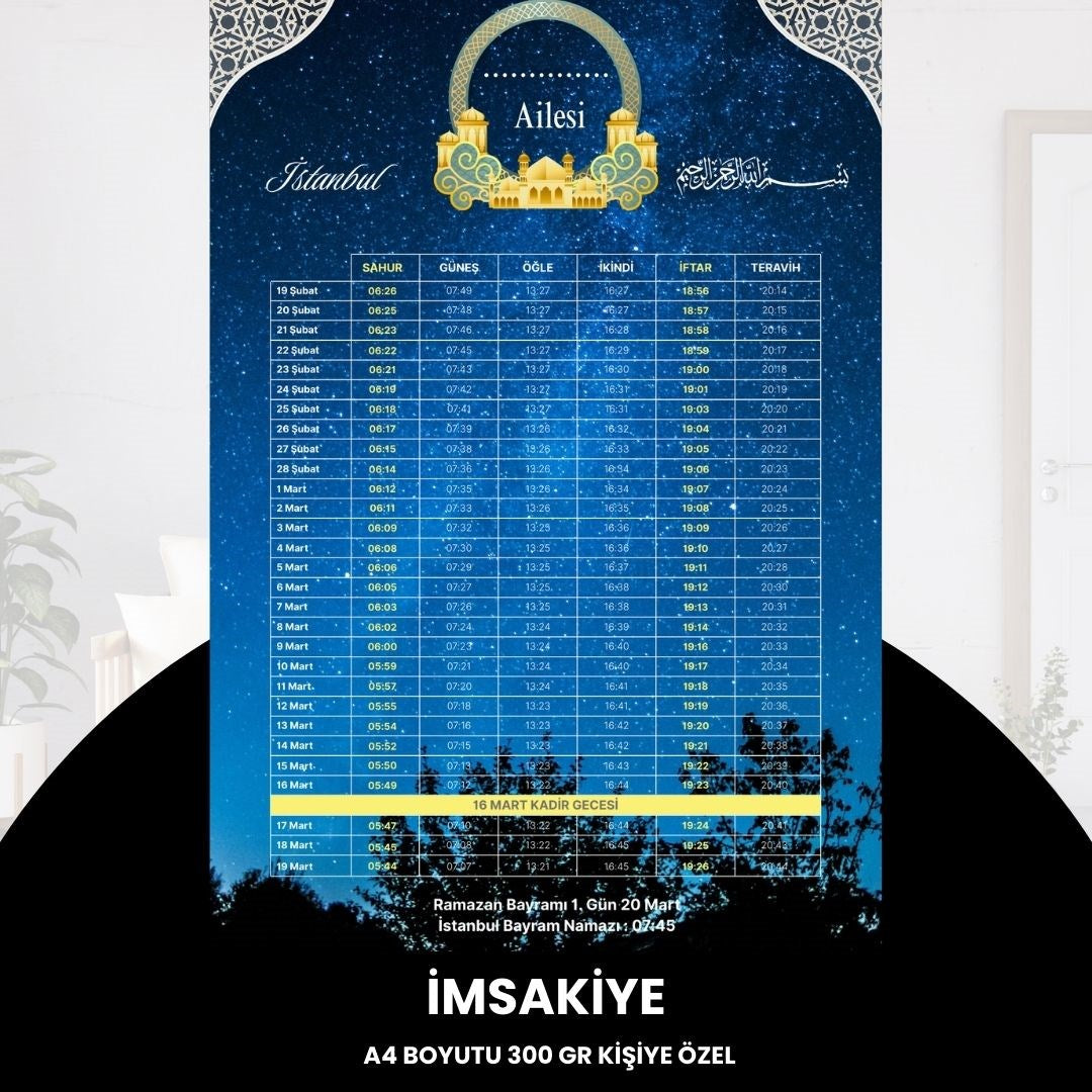 Ramazan İmsakiyesi - 300 Gr - A4 Boyut Kişiye Özel İsimli & Logolu 1 Adet Gökyüzü