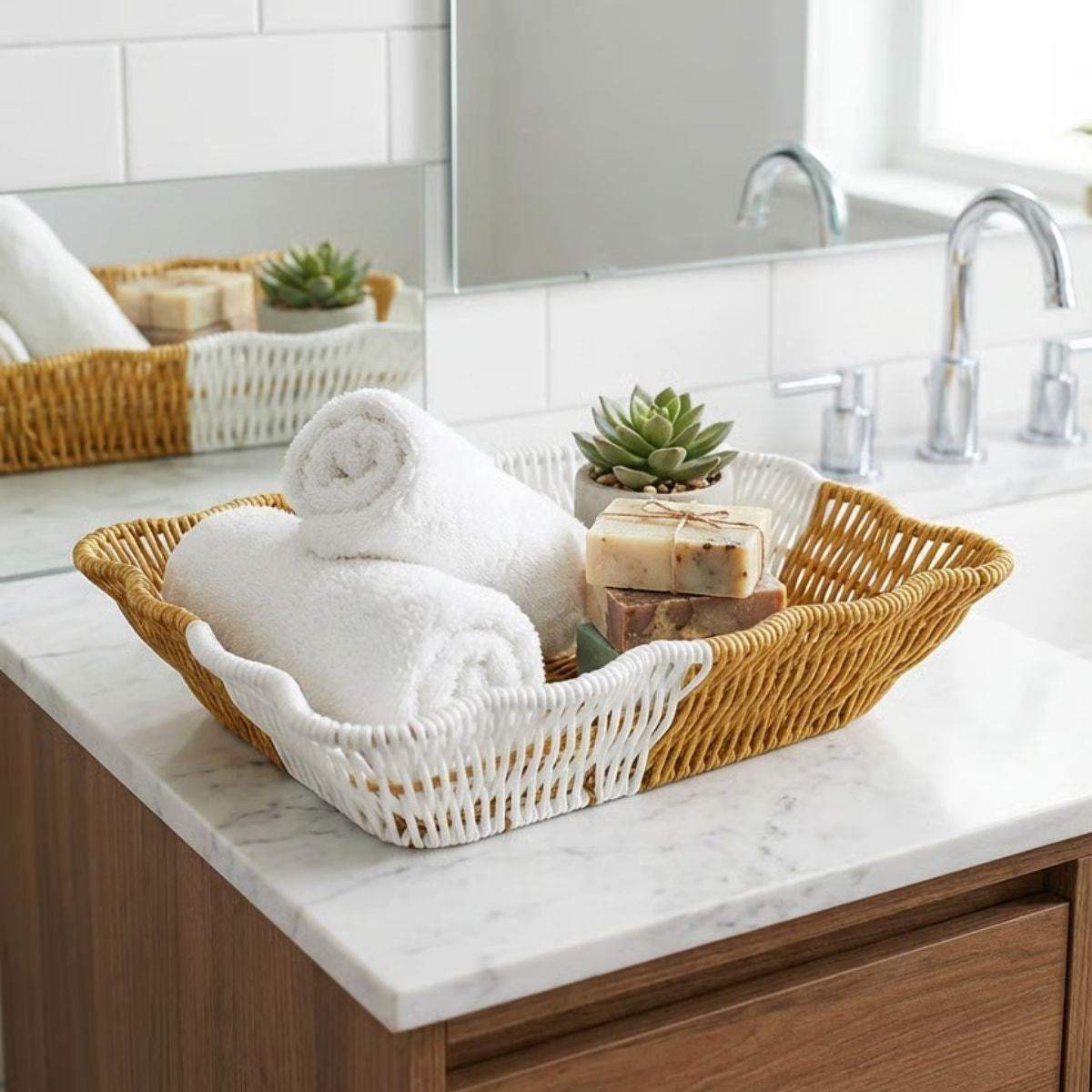 ANKAVERSE® Dikdörtgen Çift Renkli Plastik Rattan Ekmek ve Meyve Sepeti - Çok Amaçlı Banyo ve Mutfak Düzenleyici - Yıkanabilir Tezgâh Üstü Organizer