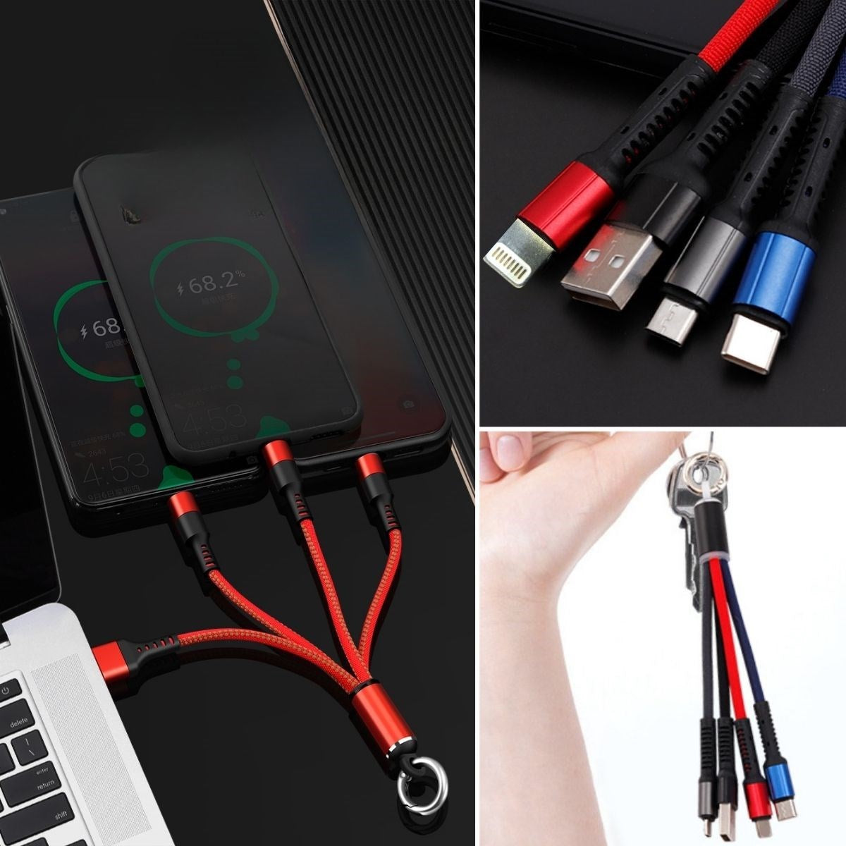 ANKAVERSE® Işıklı 3'ü 1 Arada Anahtarlık Şarj Kablosu - Micro, Type-C & Lightning Uyumlu