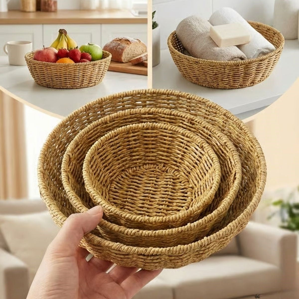 ANKAVERSE® 3 lü Plastik Rattan Çanak Seti - Hasır Görünümlü İç İçe Geçebilen Sunum ve Düzenleme Kaseleri, Mutfak & Masaüstü Çok Amaçlı Organizer