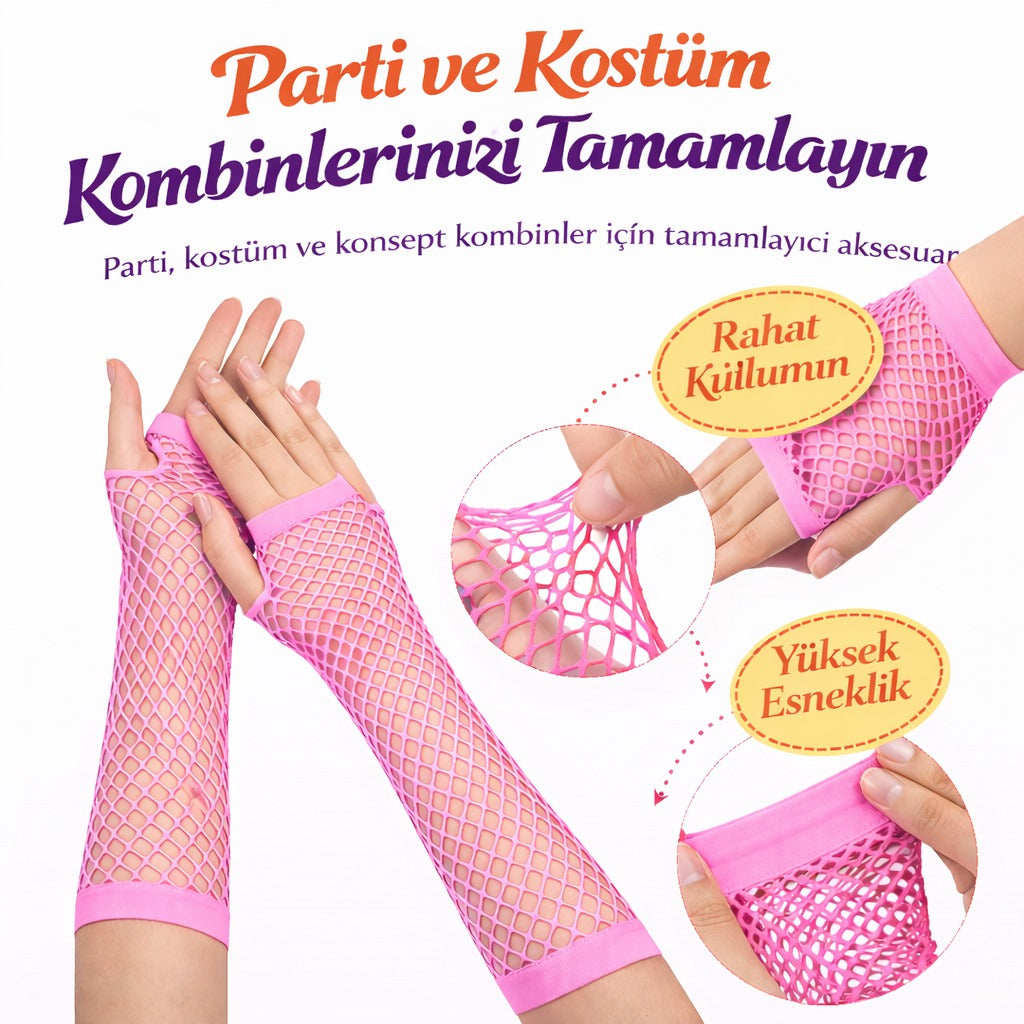 80’ler 90’lar Retro Neon Pembe File Parmaksız Eldiven 26 cm (5286)
