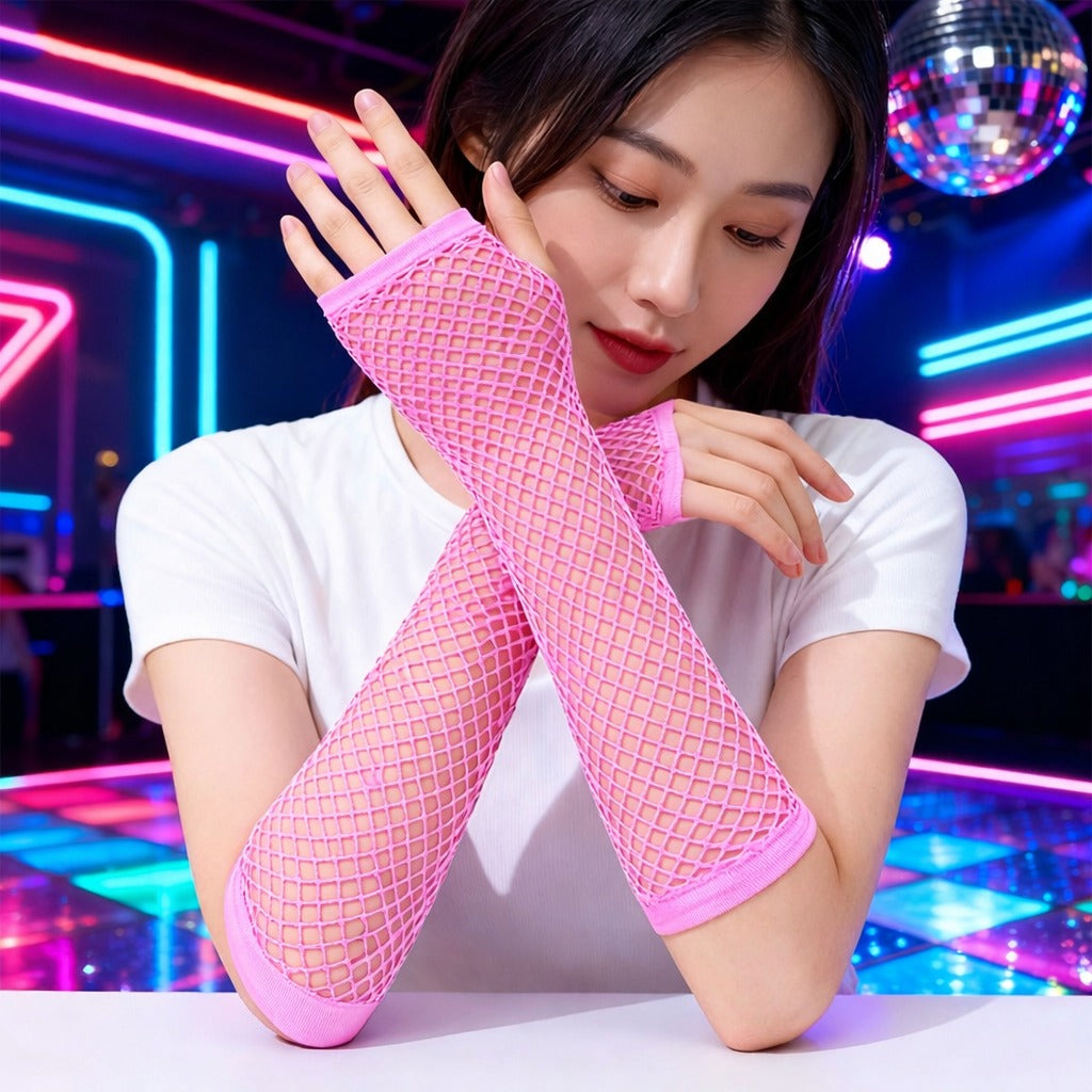 80’ler 90’lar Retro Neon Pembe File Parmaksız Eldiven 26 cm (5286)