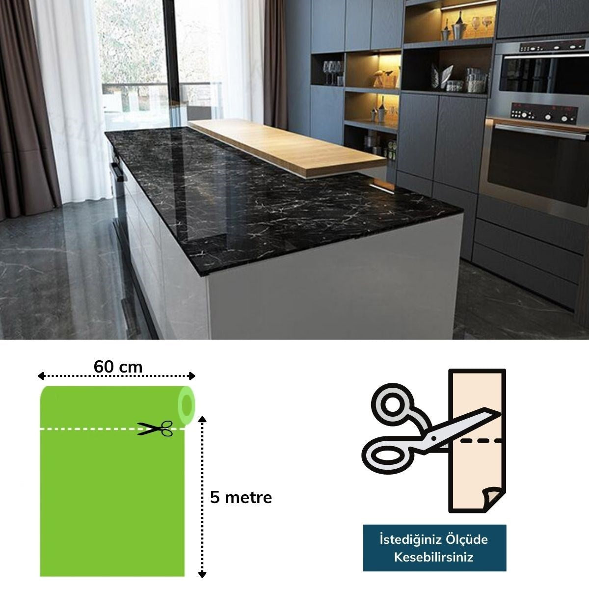 ANKAVERSE® Siyah Mermer Desenli Yapışkanlı Folyo Sticker (5m x 60cm)