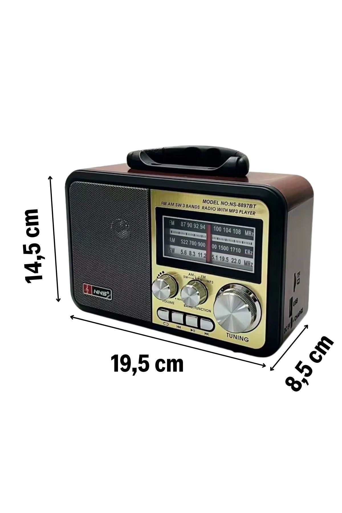 ANKAVERSE® Orta Boy Retro, Nostaljik, Ahşap Tasarım Bluetooth Hoparlörlü, Şarjlı, Taşınabilir FM/AM Destekli Radyo NS-8897
