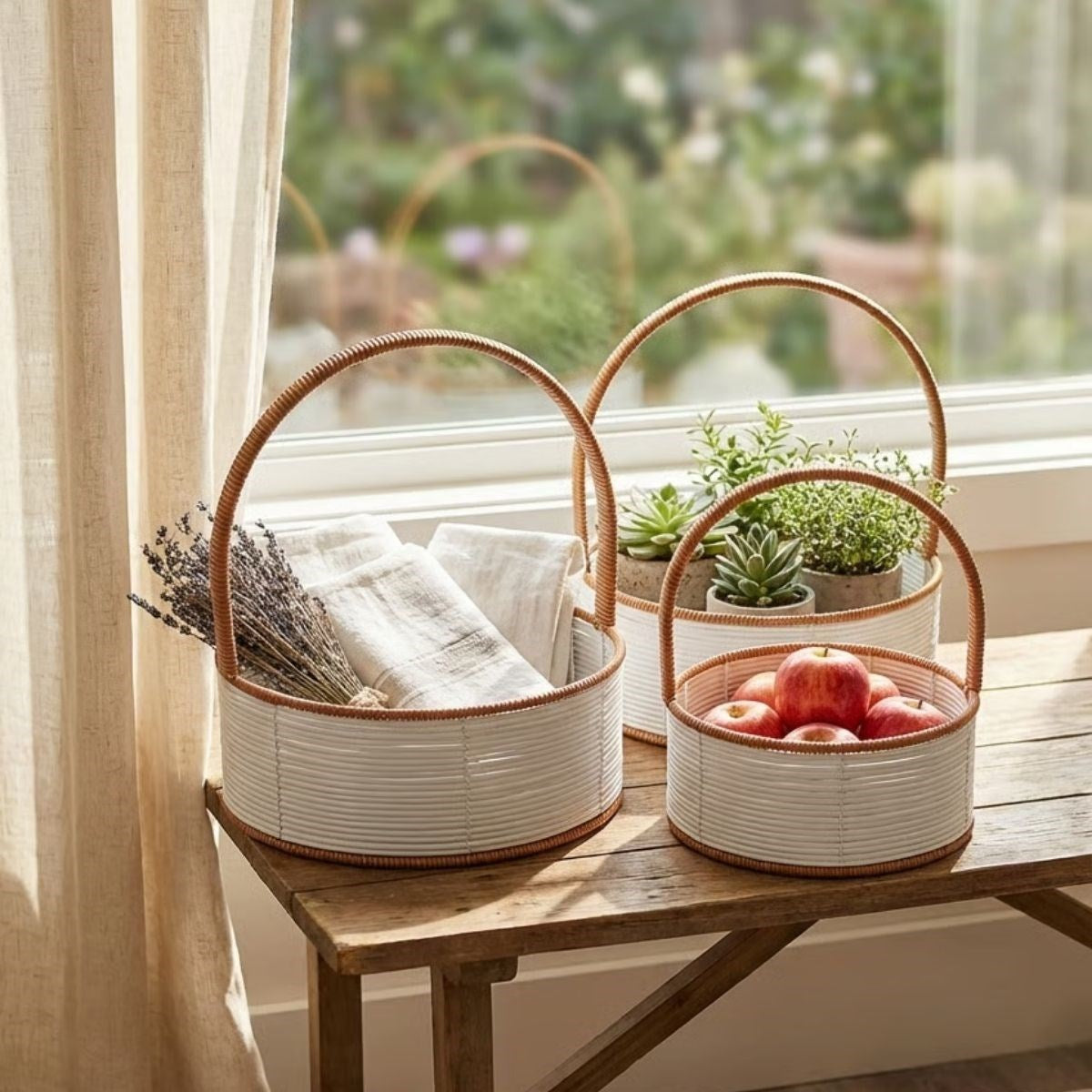 ANKAVERSE® 3 Boy İç İçe Geçebilen Plastik Rattan Sepetler-Beyaz Renkli,Kahverengi Saplı, Çok Amaçlı Düzenleyici ve Sunum Sepeti Seti