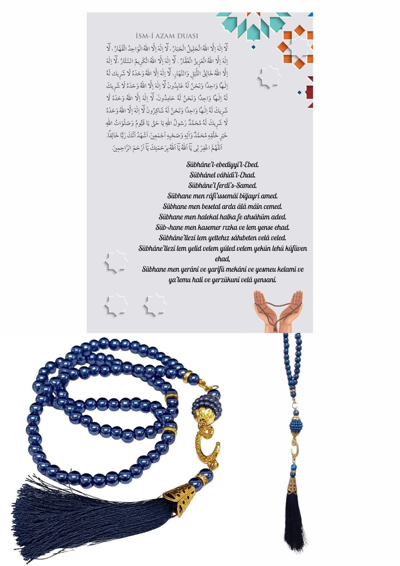 Namaz Tesbihi Vavlı 99'lu Cam İncili İsmi Azam Dua Kartı İle Lacivert Renk Hediyelik