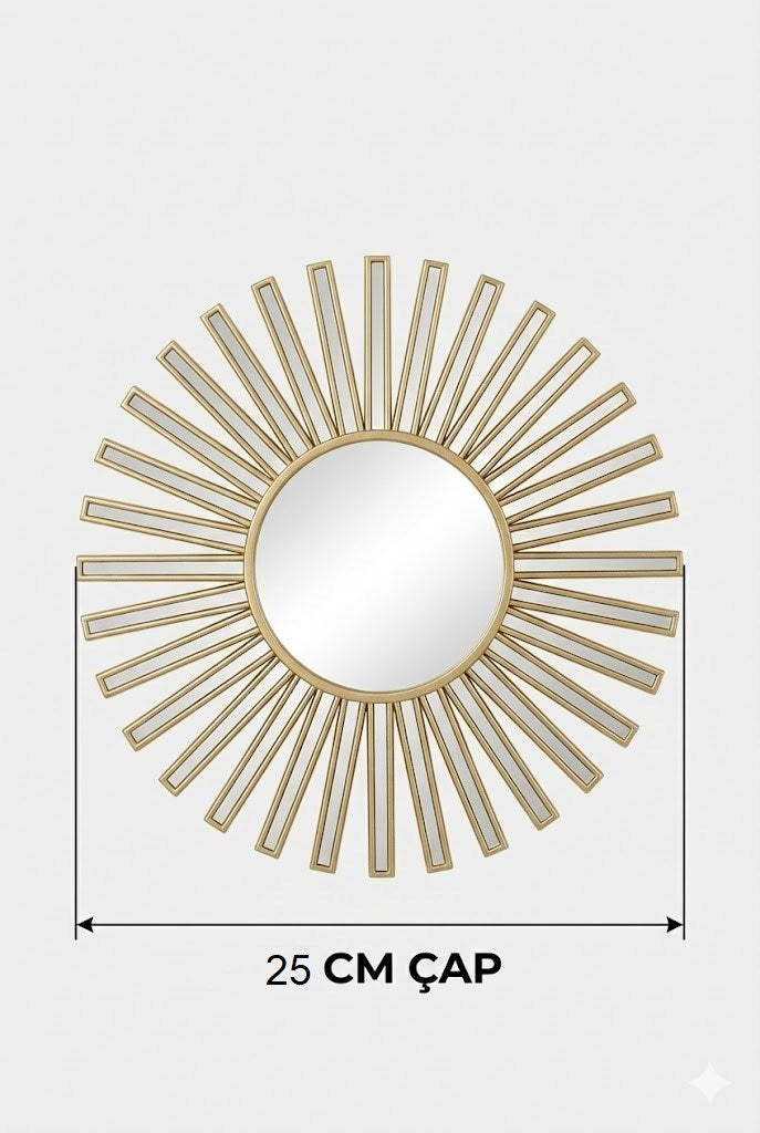 3 lü Gold Güneş Desenli Duvar Aynası Seti 27 cm | Dekoratif Yuvarlak Ayna